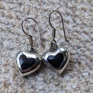 Vintage Mexican Taxco Sterling Silver Heart Charm Earrings with Black Onyx Inlay